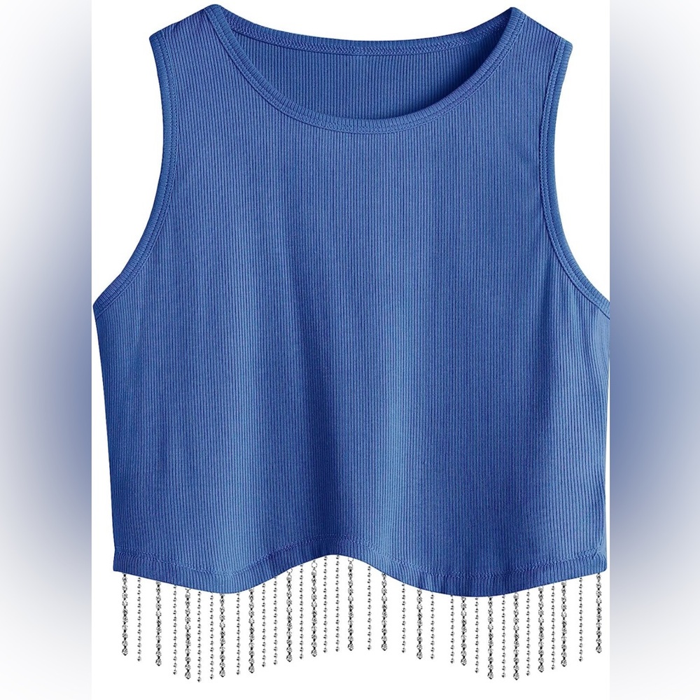 Womens Nashville Sparkly Rhinestone Fringe Sleeveless Crop